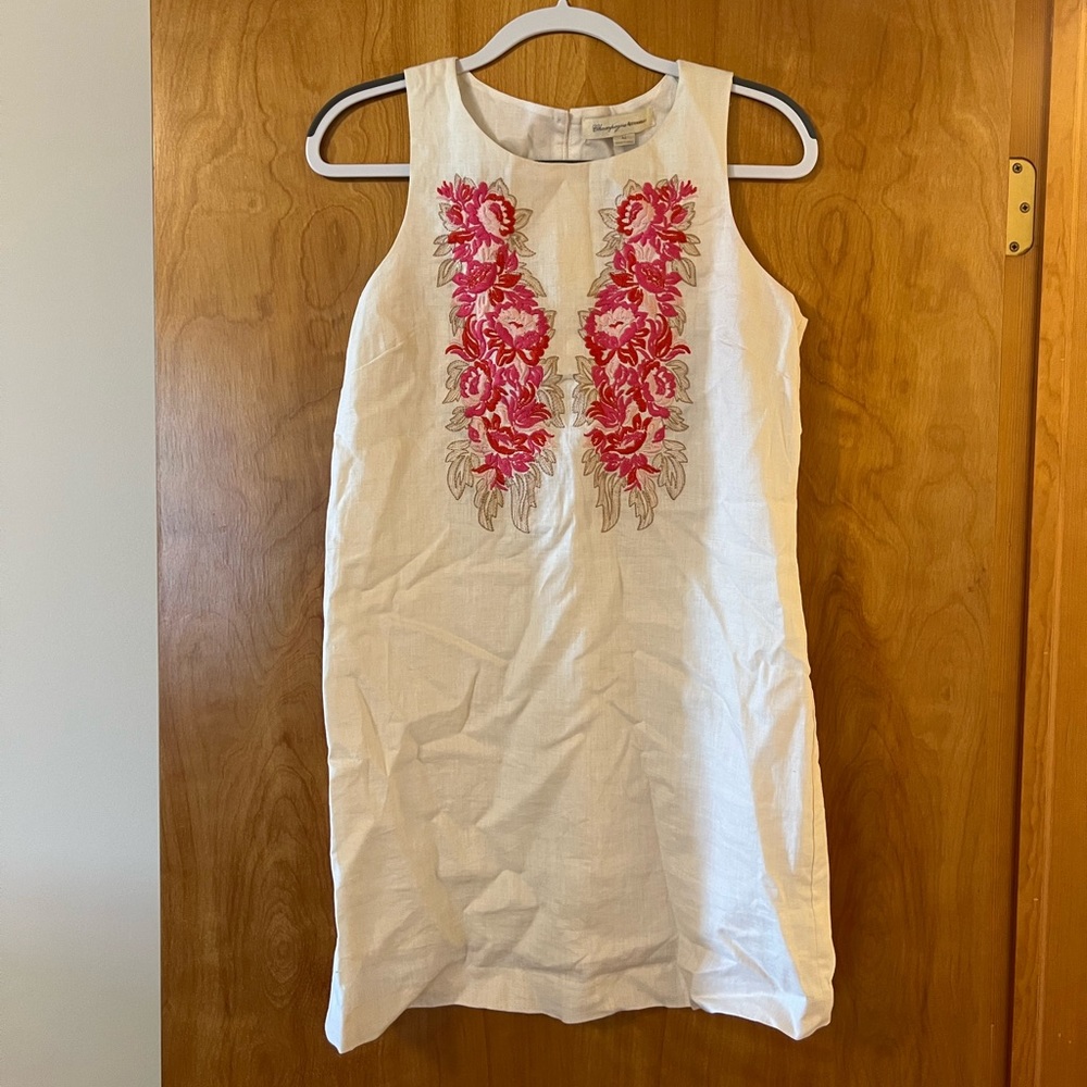Anthropologie Champagne & Strawberry Embroidered Sleeveless Dress Size Medium
